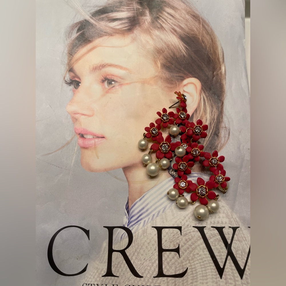 NWOT J.Crew Red Floral Pearl Statement Earrings